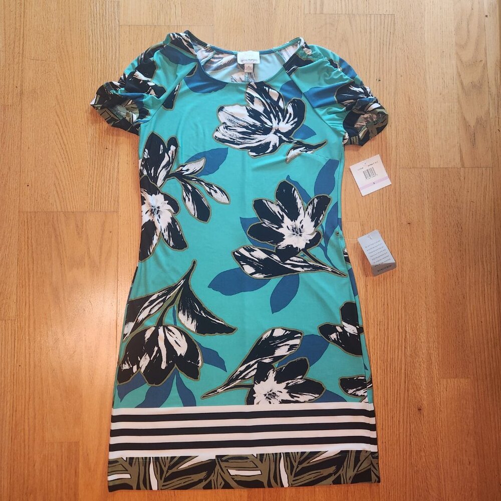 Donna Morgan Shift Dress Women’s Teal Black Scrunch Short Sleeve Size 6